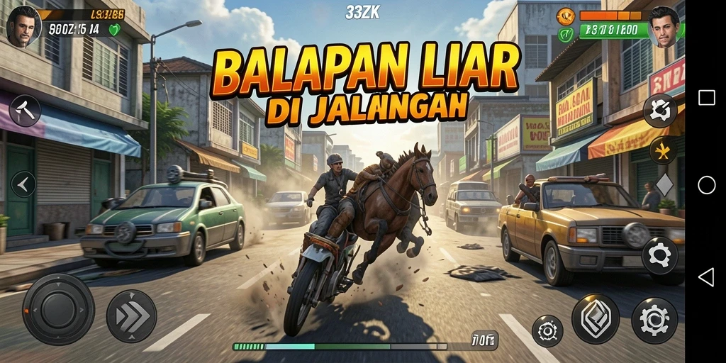 Tampilan balapan seru dalam permainan 33ZK dengan mobil yang beragam.