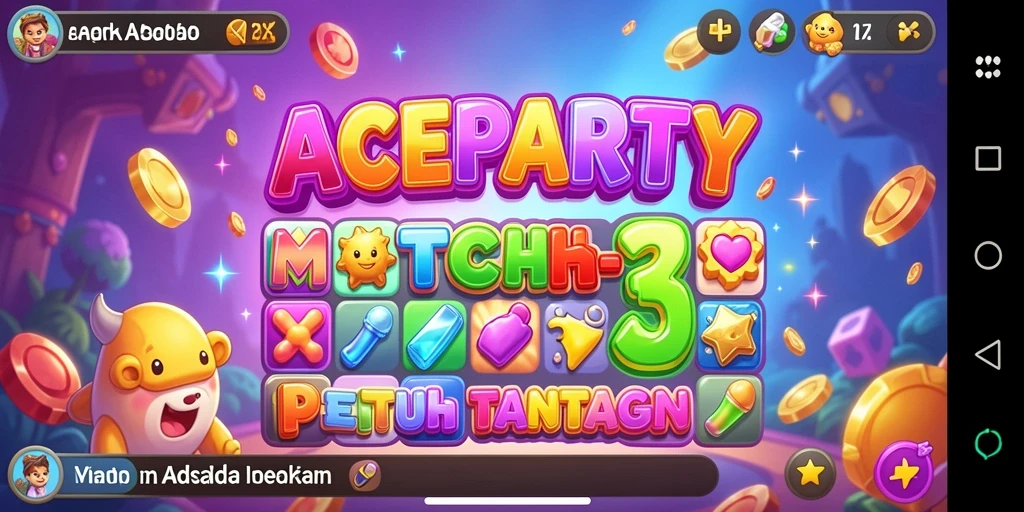 Gameplay Match-3 seru di ACEPARTY dengan kombinasi permata berwarna.