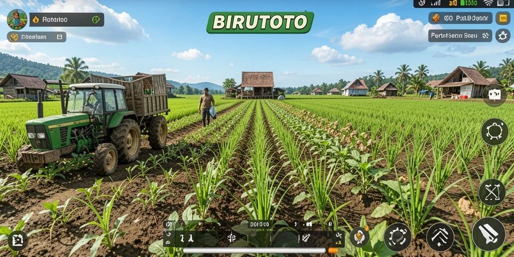 Tampilan gameplay BIRUTOTO dengan ladang yang subur dan hewan ternak.