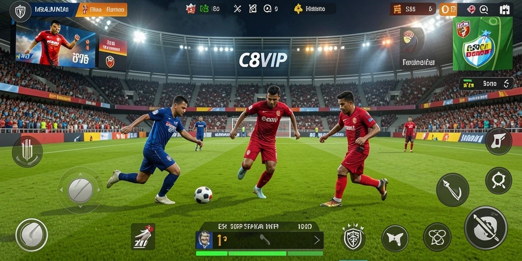 Screenshot gameplay C8VIP menampilkan aksi sepak bola yang seru dan dinamis.