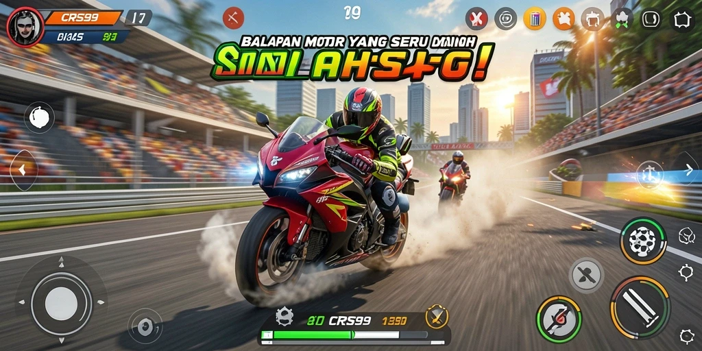 Tampilan gameplay menegangkan di CRS99 dengan motor sport cepat.