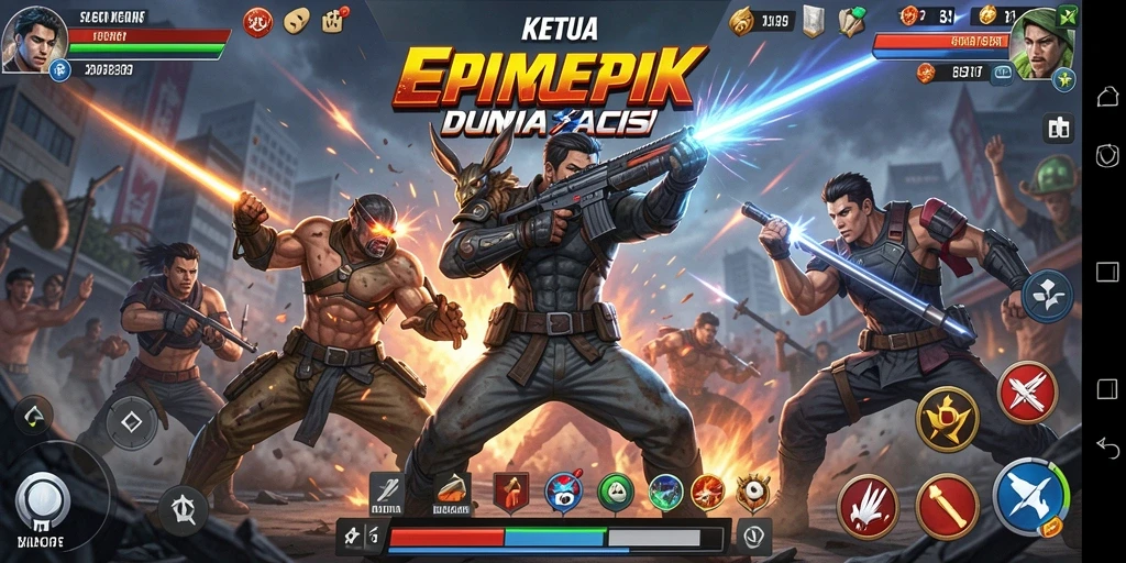 Screenshot gameplay KETUA dengan pertempuran yang intens dan karakter yang beragam.