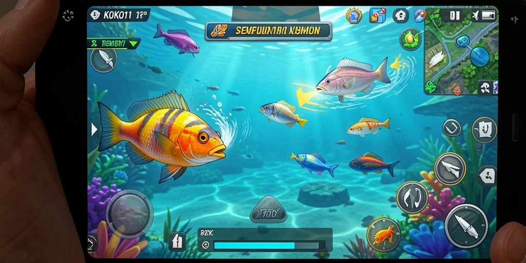 Tampilan gameplay KOKO11 yang seru saat menembak ikan-ikan berwarna-warni.