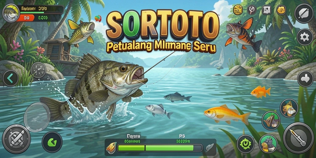 Tampilan gameplay SORTOTO dengan aksi memancing yang seru dan mendebarkan.